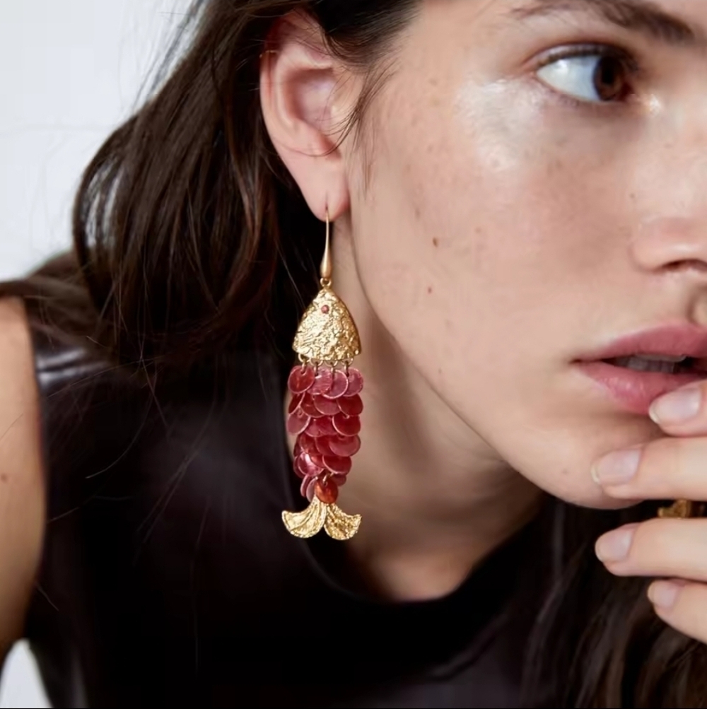 New! Gold Red Sequin Fish Scale Statement Dangle Earrings - NWOT